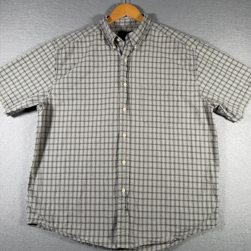 Eddie Bauer Mens Large Short Sleeve Plaid Button Down Shirt Grey‎ Brown 0413